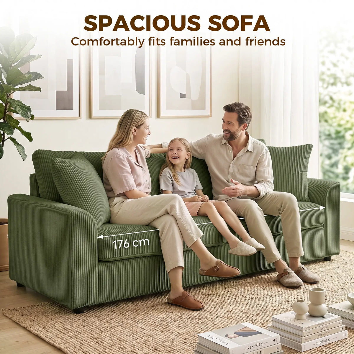 3 Seater Sofa, 83.5" Upholstered Couch, Pocket Spring, 2 Cushions, Green 3-Seater Sofas at Gallery Canada