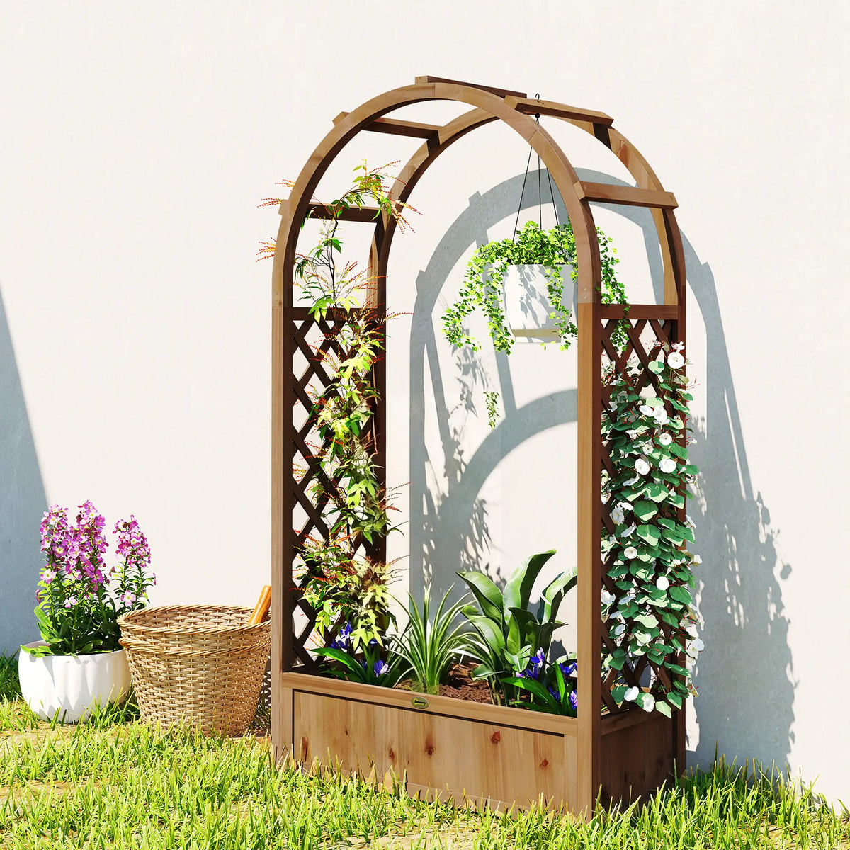Raised Garden Bed With Arch Trellis, Planter Box, Dark Brown Wood Effect, Dark Brown Wooden Planter Boxes at Gallery Canada