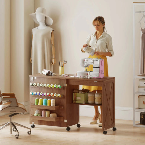Sewing Machine Table on Wheels, Folding Craft Table with Storage, Brown