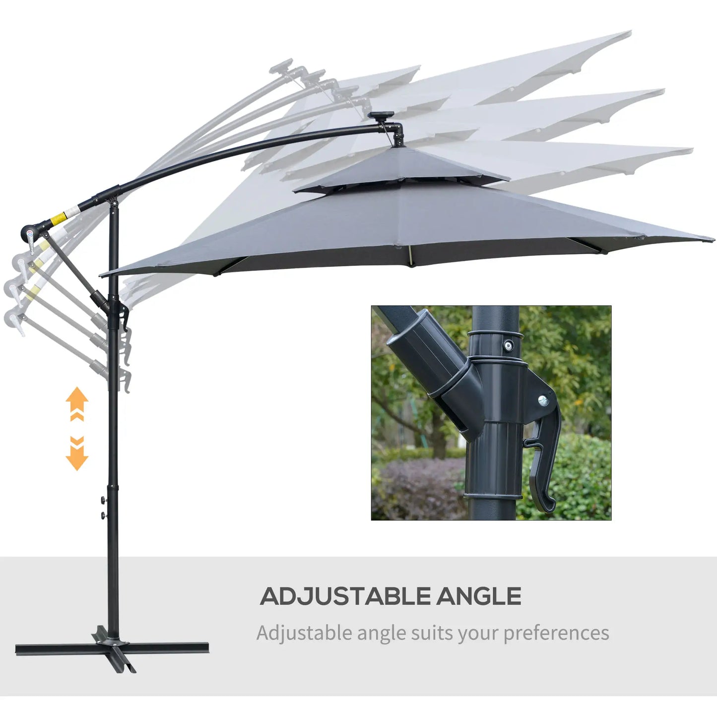 10FT Solar Powered Cantilever Patio Umbrella, Crank, Cross Base, Grey Cantilever Umbrellas at Gallery Canada