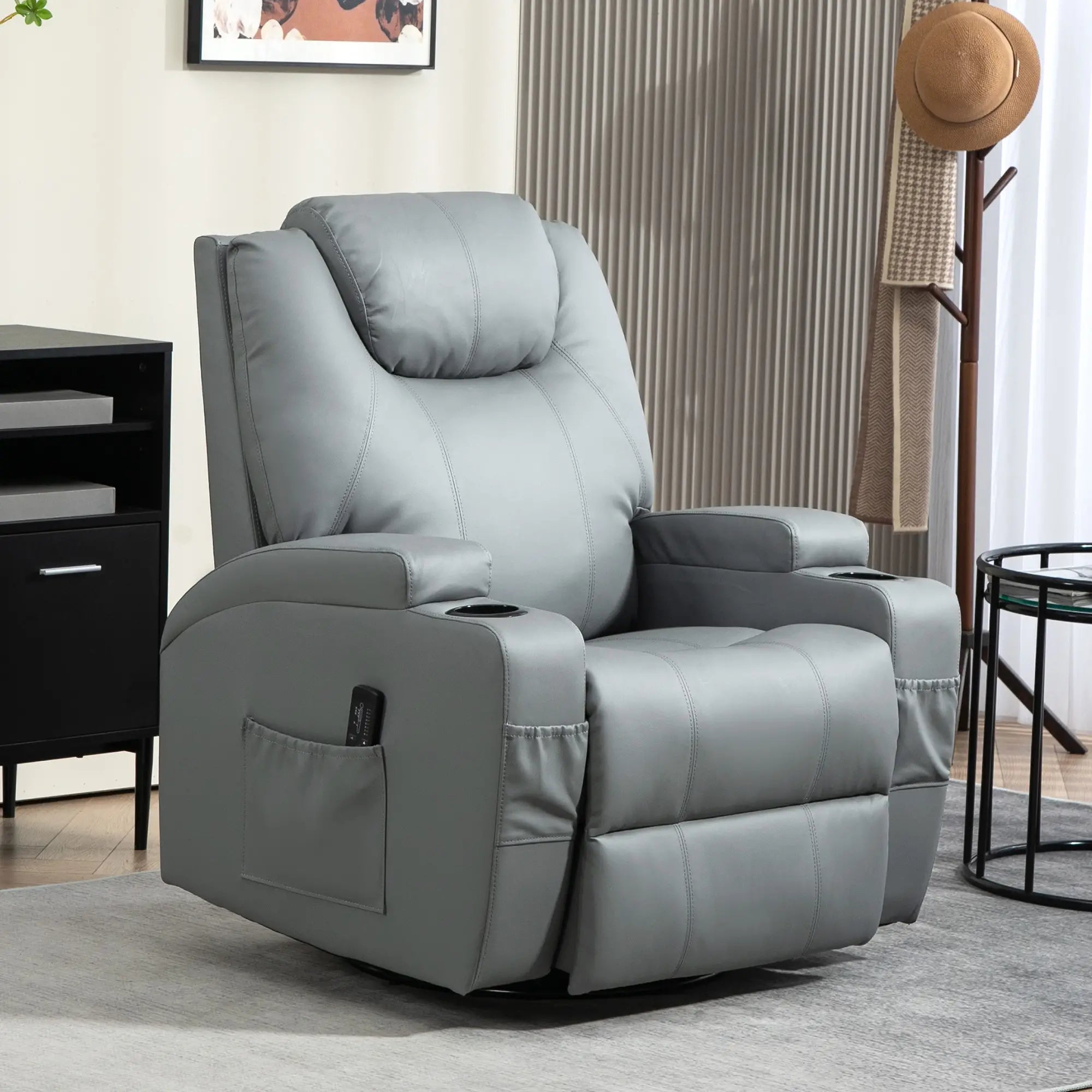 Massage Recliner Chair Leather Swivel Rocker Manual Reclining Chair with 8 Vibration Points, Cup Holders, Light Grey Single Sofas at Gallery Canada