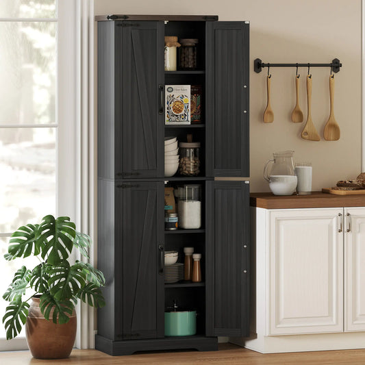 72 Inch Pantry Cabinet, Farmhouse Kitchen Storage with Adjustable Shelves, Black Kitchen Pantry Cabinets Black, Oak at Gallery Canada