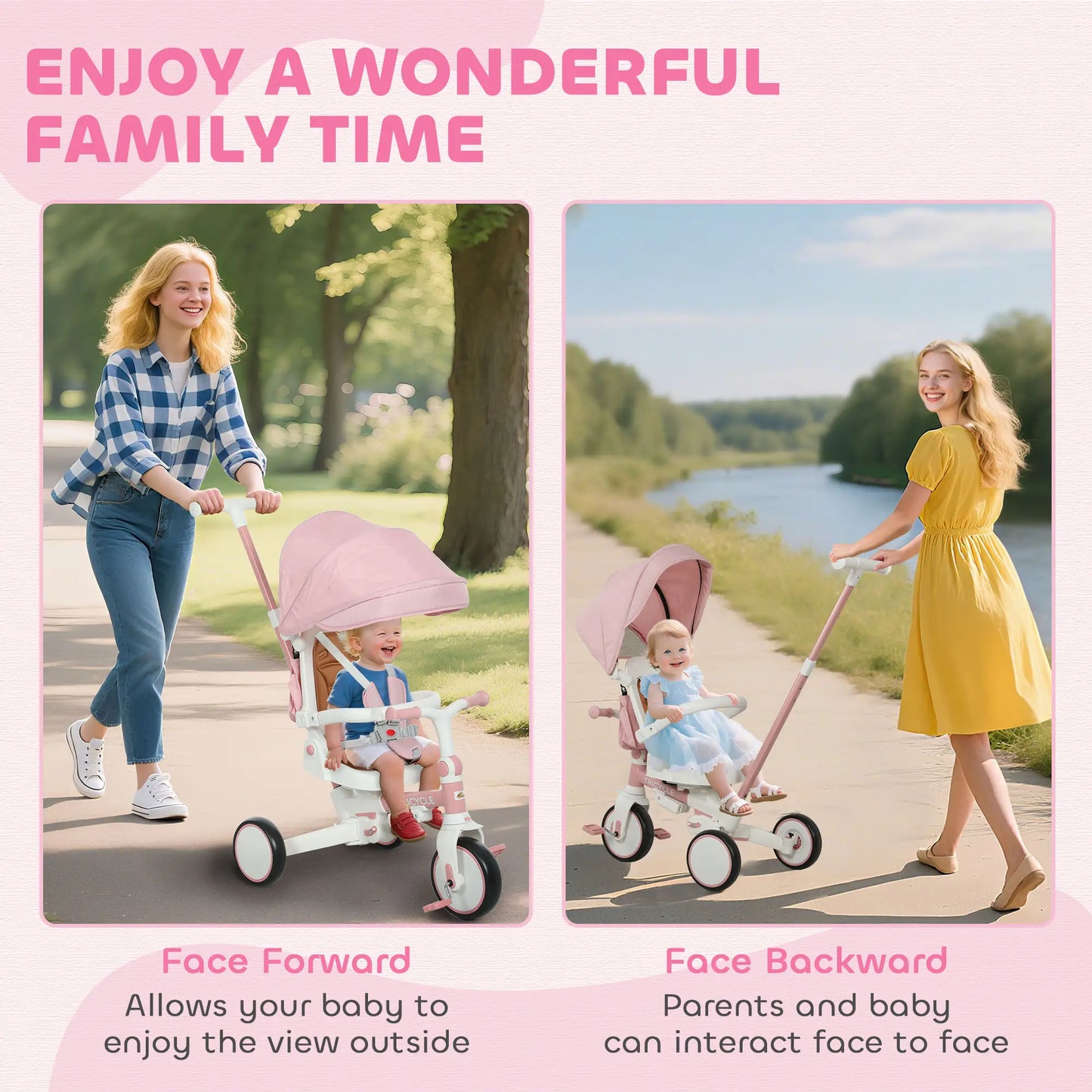 7 in 1 Toddler Tricycle, Safety Harness, Adjustable Parent Handle, Pink Tricycles for Kids at Gallery Canada