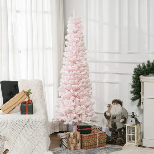 6ft Flocked Pencil Christmas Tree, Realistic Branch Tips, Pink