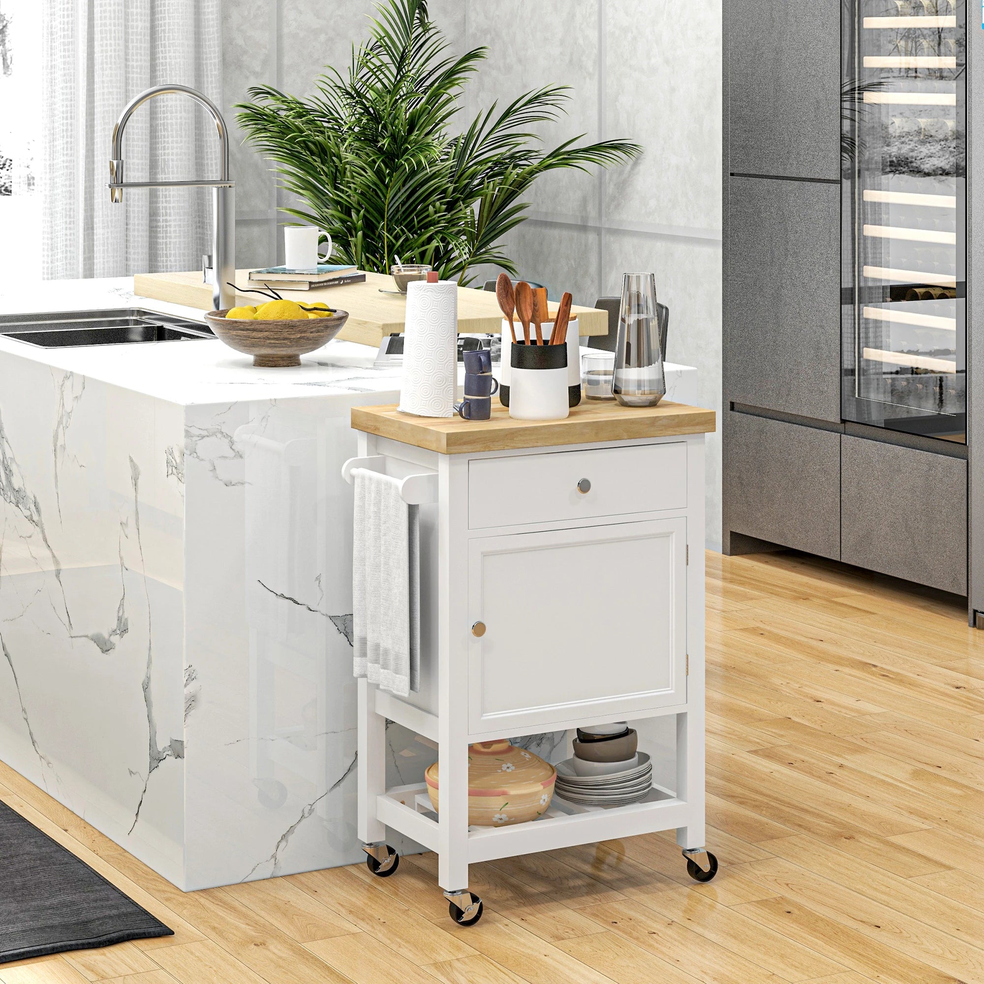 Kitchen Cart on Wheels, Wood Top, Towel Rack, Drawer, Shelf, White Kitchen Islands & Kitchen Carts at Gallery Canada