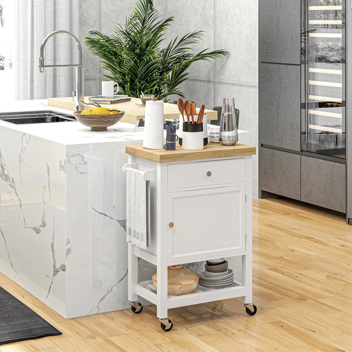Kitchen Cart on Wheels, Wood Top, Towel Rack, Drawer, Shelf, White Kitchen Islands & Kitchen Carts at Gallery Canada