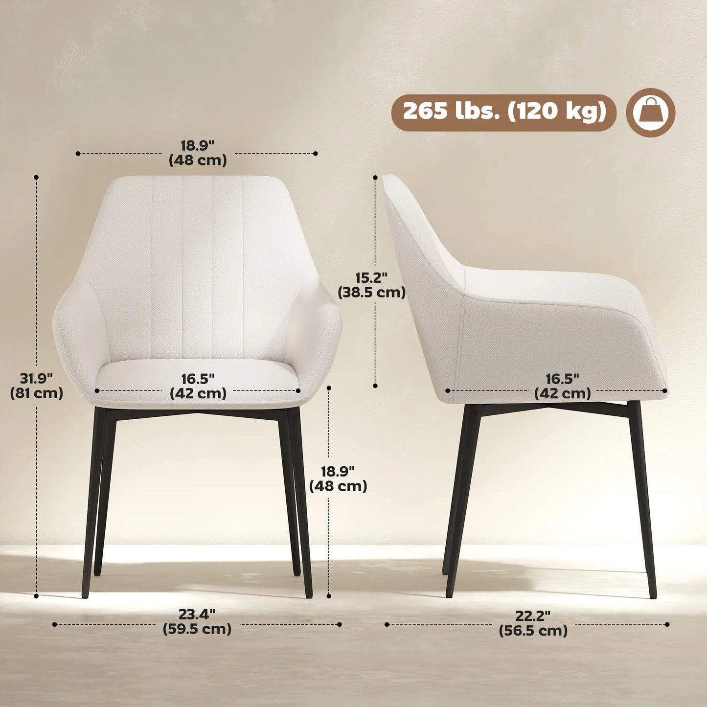 Ensemble de 2 chaises à manger, rembourrées en tissu de lin, beige