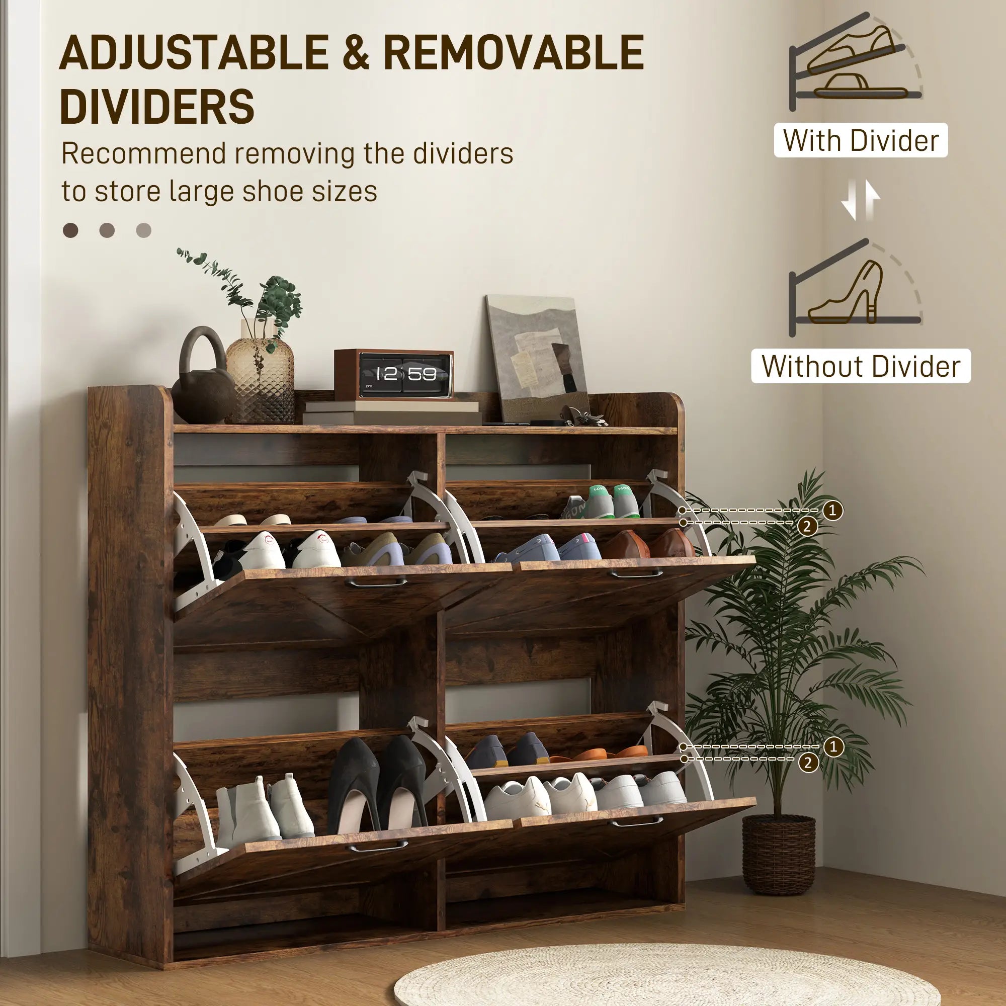 Narrow Shoe Storage Cabinet, 4 Flip Drawers, Adjustable Shelves, 16 Pair, Rustic Brown Shoe Storage Cabinets & Racks at Gallery Canada