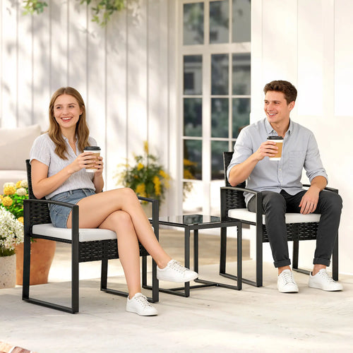 3 Piece Wicker Patio Set, Glass Top Table With Cushions, Cream White