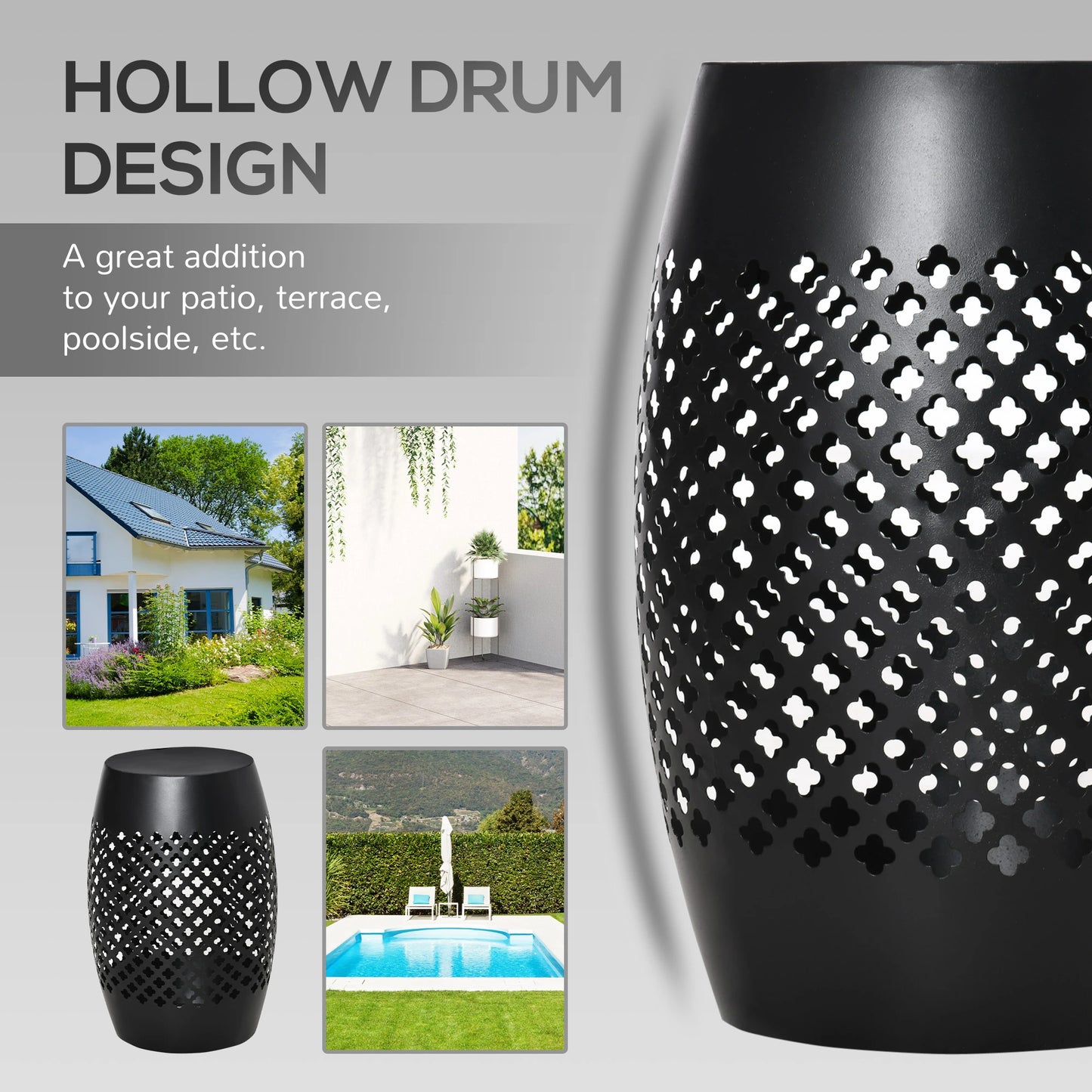 12.5" Steel Round Hollow Drum Side Table, Indoor Outdoor, Black Patio Side Tables at Gallery Canada