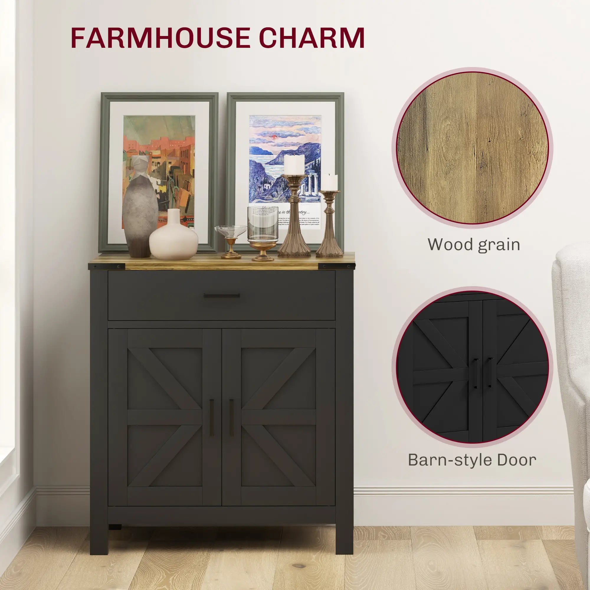 Farmhouse Buffet Cabinet, 1 Drawer, Storage Cabinet, Adjustable Shelf, Black Bar Cabinets at Gallery Canada