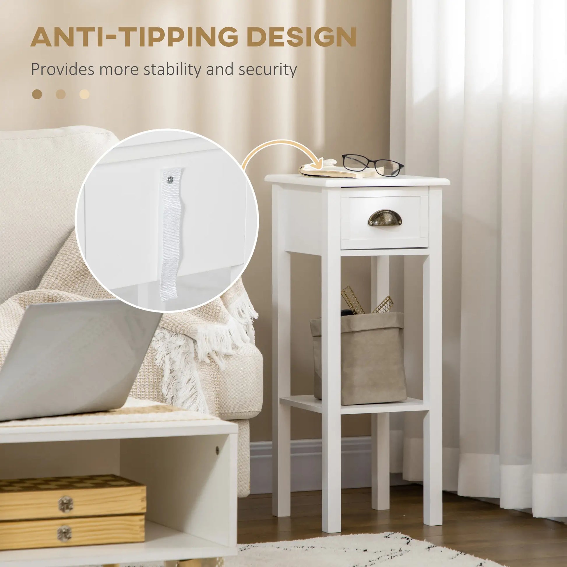 2 Tier Side Table, Set of 2, Narrow Tall End Table with Drawer, White Side Tables at Gallery Canada