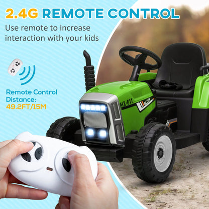 12V Kids Ride on Tractor with Trailer, Remote Control, Music, LED Lights, Green Electric Toy Cars at Gallery Canada