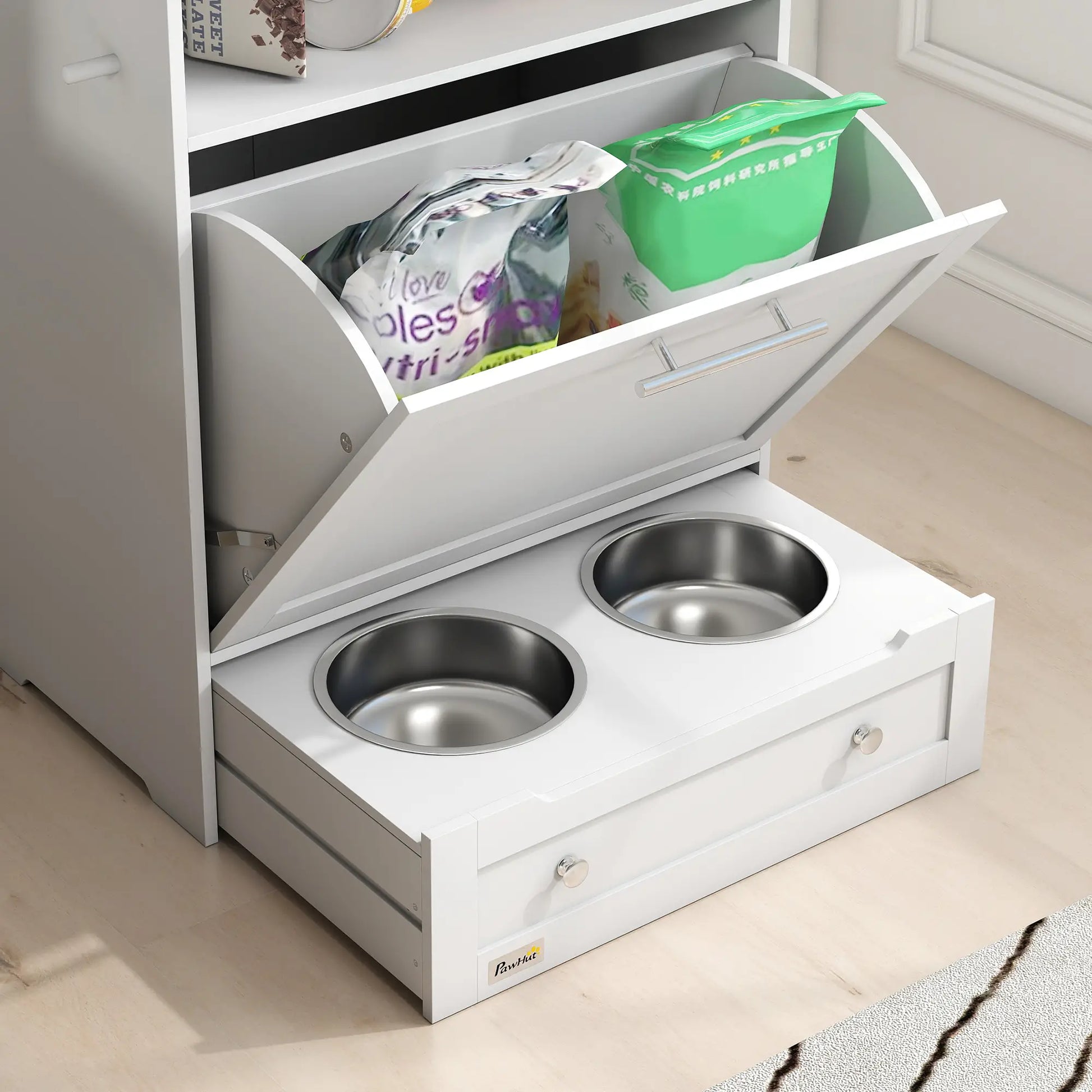 Pet Feeder Station, Dog Food Storage Cabinet with Bowls, Gray Dog Bowls at Gallery Canada