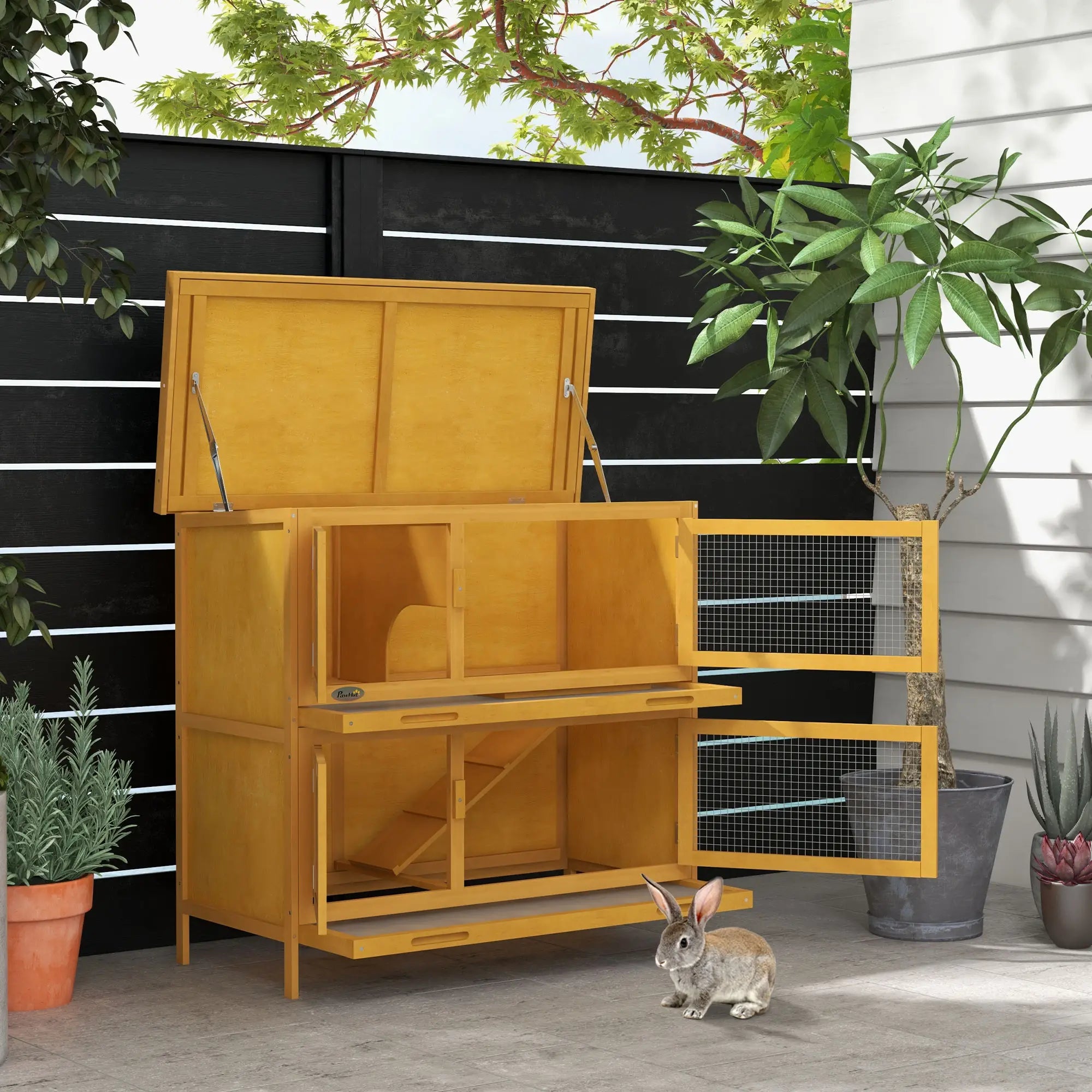 Wood Rabbit Hutch, 2 Large Main House, Ramp, Trays, Yellow Rabbit Hutch at Gallery Canada