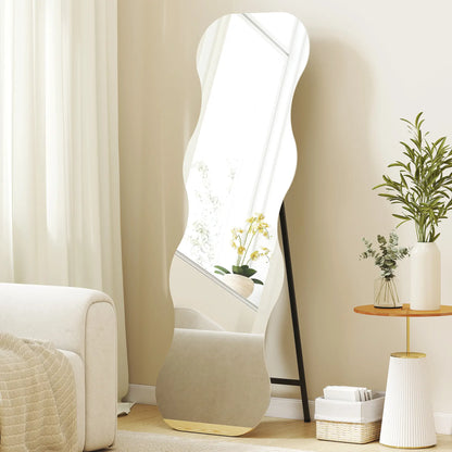 64" x 21" Full Length Mirror, Irregular Wavy Frameless with Pine Wood Base, Black Full Length Mirrors at Gallery Canada