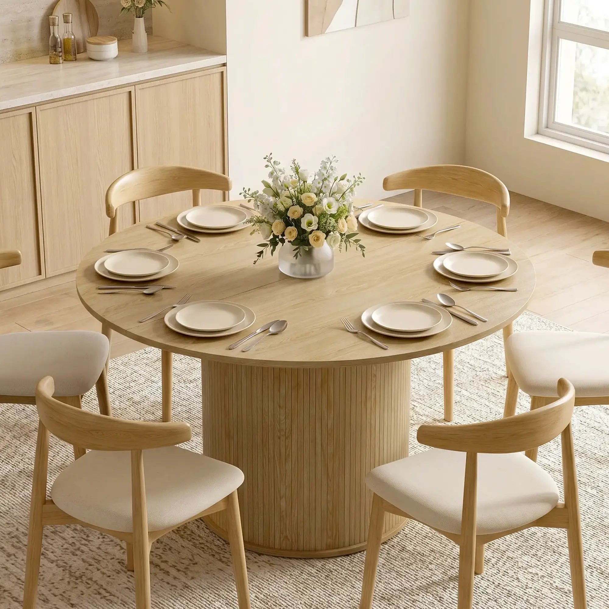 Round Dining Table For 5, 47 Inch, Fluted Pedestal Base, Natural Dining Tables at Gallery Canada
