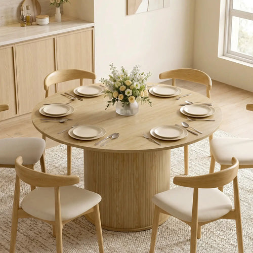 Round Dining Table For 5, 47 Inch, Fluted Pedestal Base, Natural