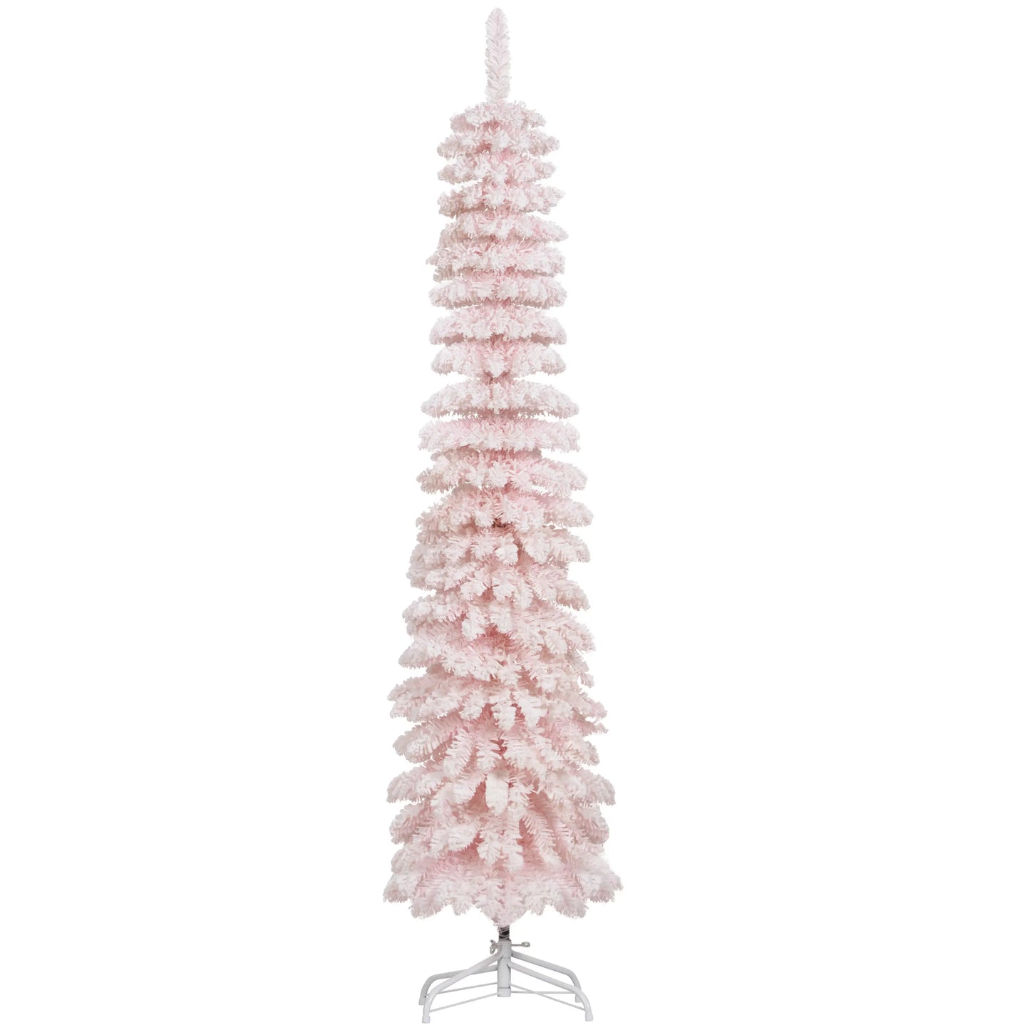 6ft Snow-Flocked Slim Pencil Christmas Tree, 395 Branches, Metal Base, Pink Pencil Christmas Trees at Gallery Canada