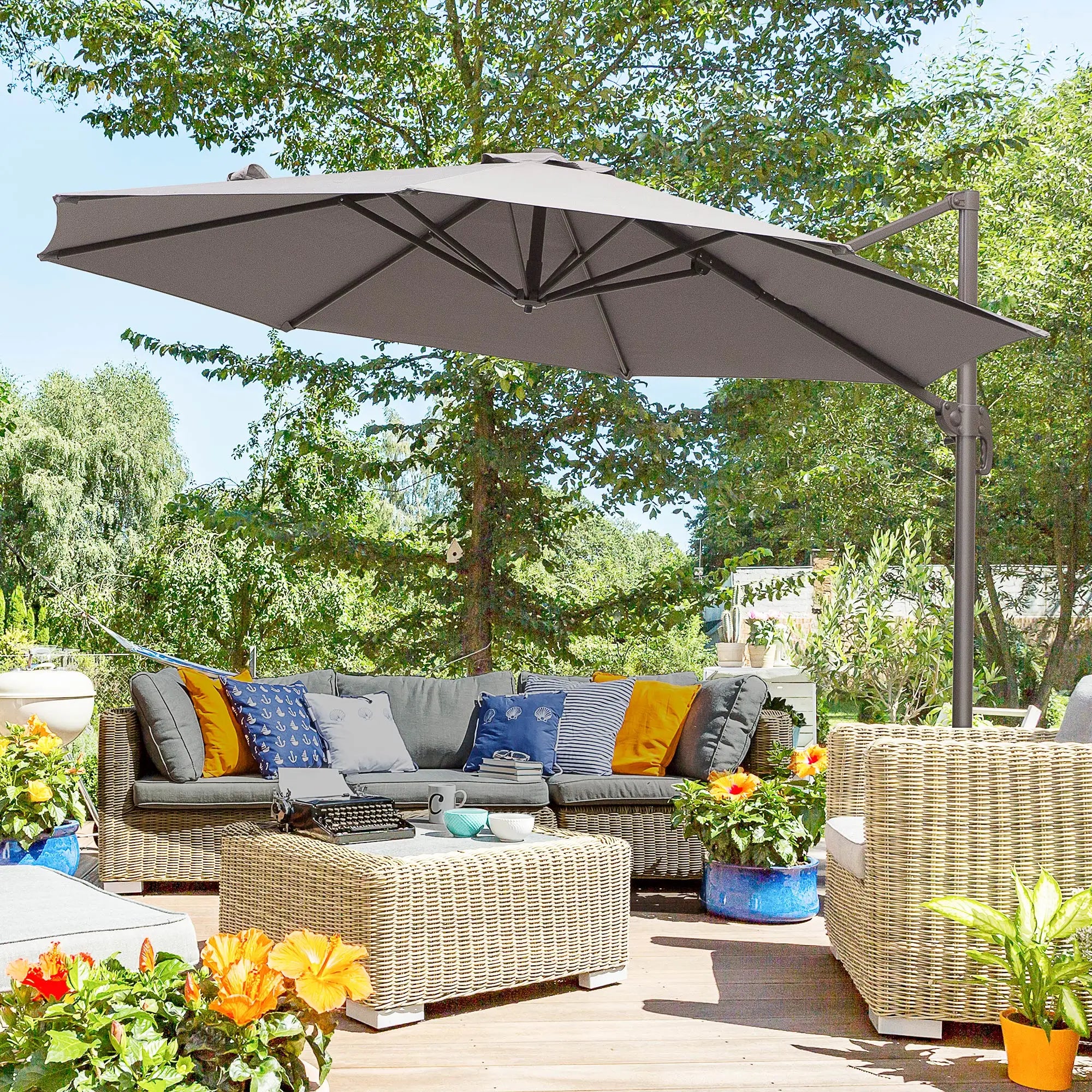 10ft Cantilever Patio Umbrella, 360° Rotation, Crank, Grey Cantilever Umbrellas at Gallery Canada