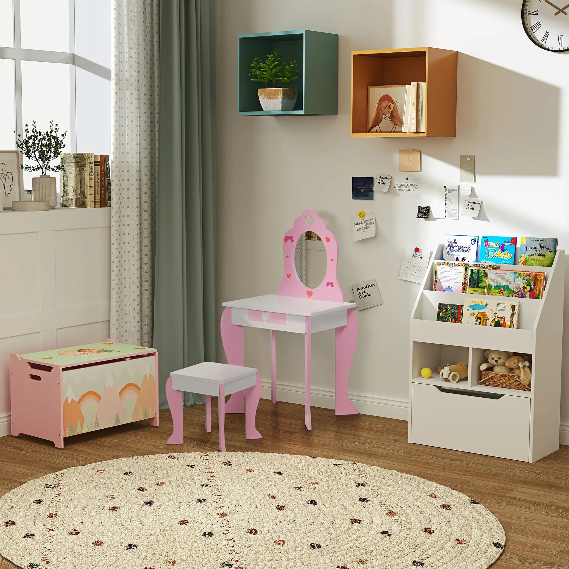 Kids Vanity Table Chair Set, Dressing Set with Mirror Drawer, 3-6 Years, Pink Kids Bedroom Furniture at Gallery Canada