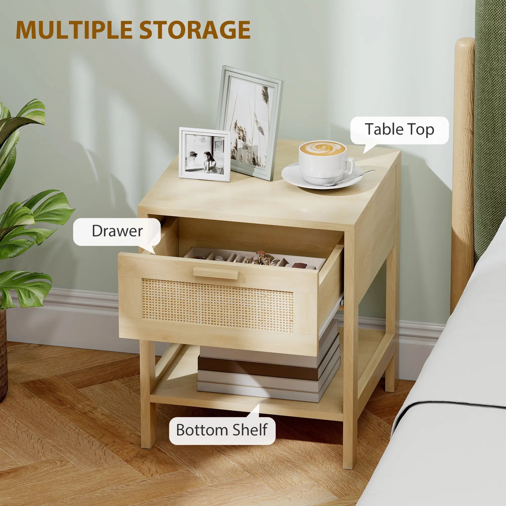 Narrow Nightstand With Rattan, Drawer And Shelf, Set Of 2, Natural Wood Bedside Tables at Gallery Canada