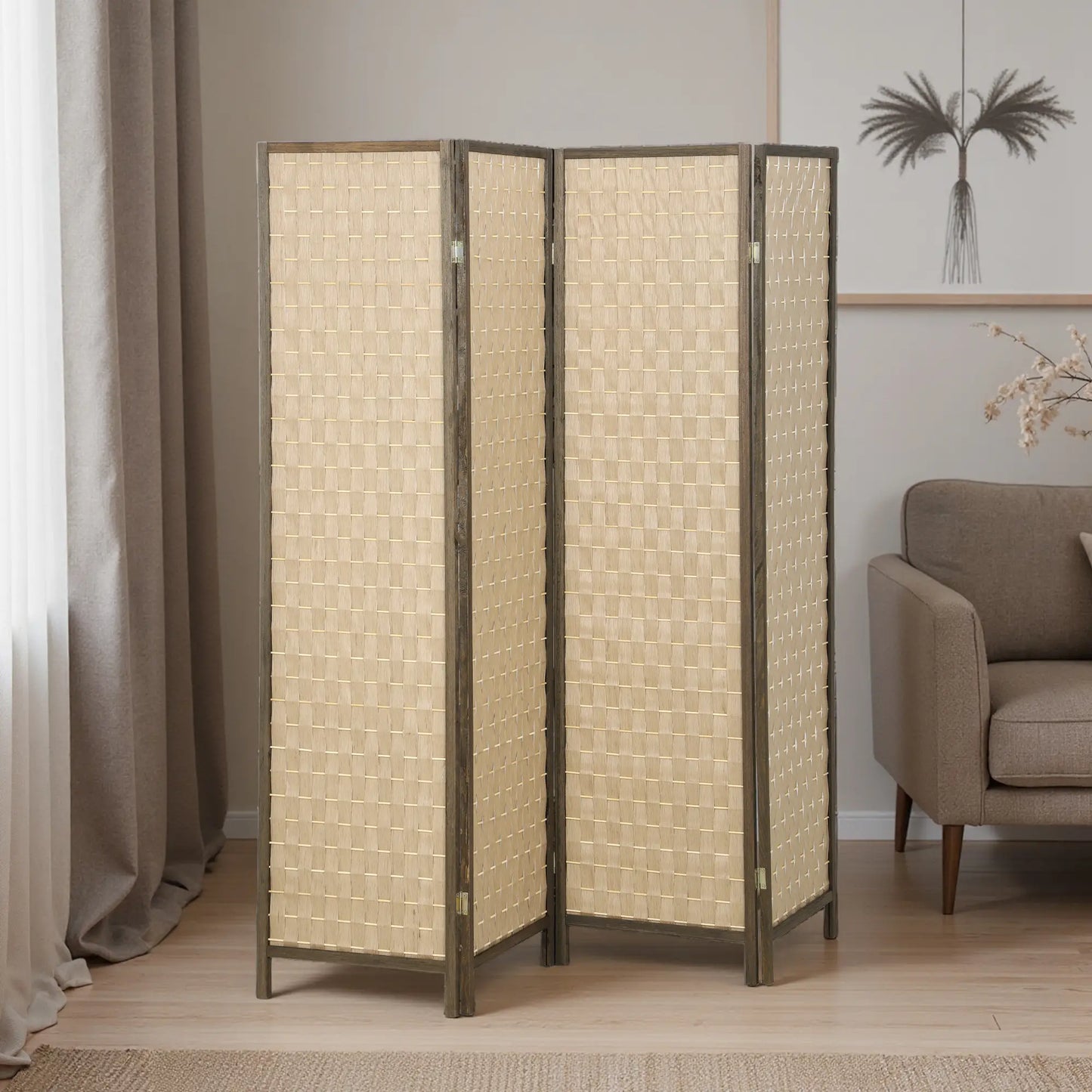 6 FT 4 Panel Folding Privacy Screen, Brown Room Divider, Brown