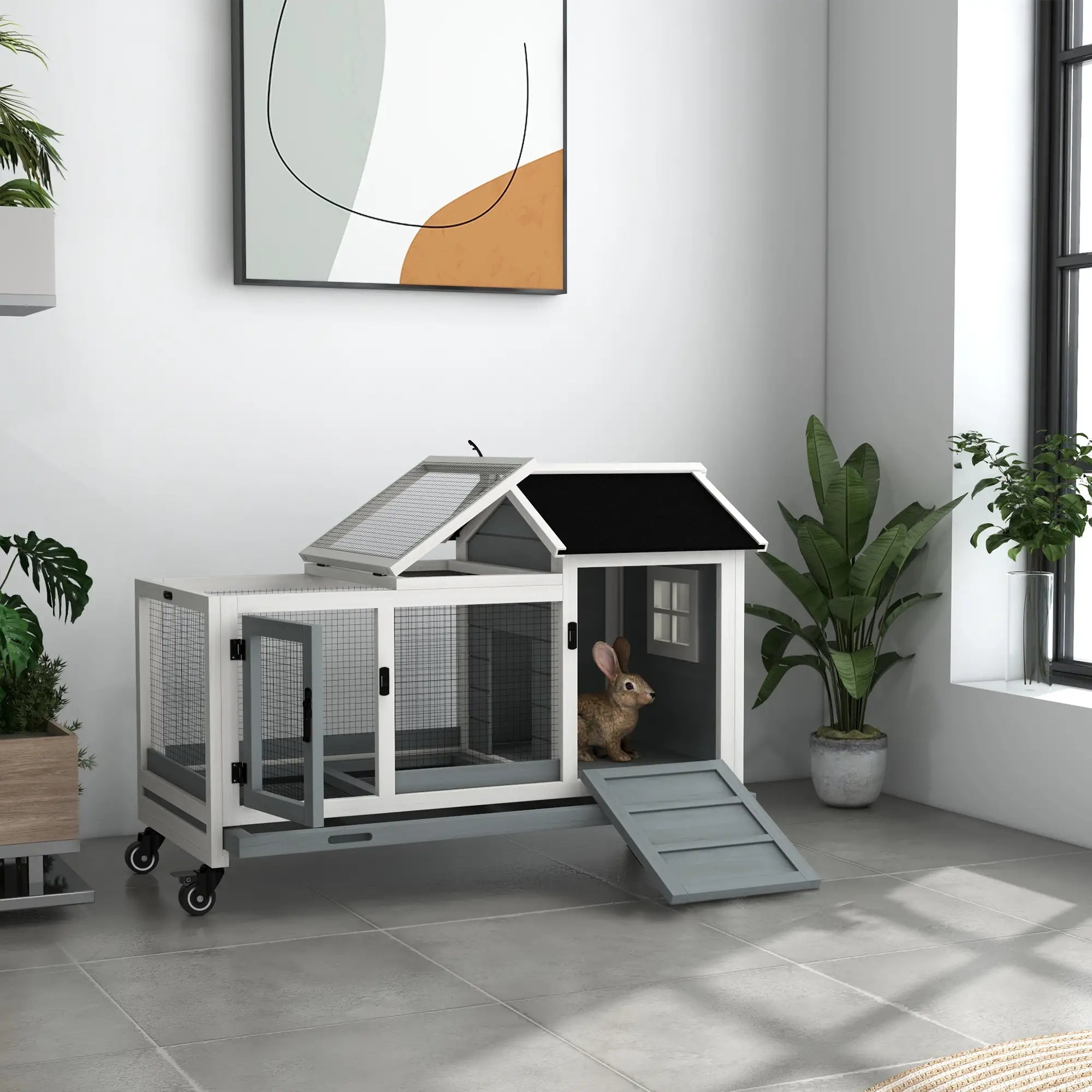 Rabbit Cage With Wheels, Ramp, Run, Tray, Indoor Outdoor, Grey Rabbit Hutch at Gallery Canada
