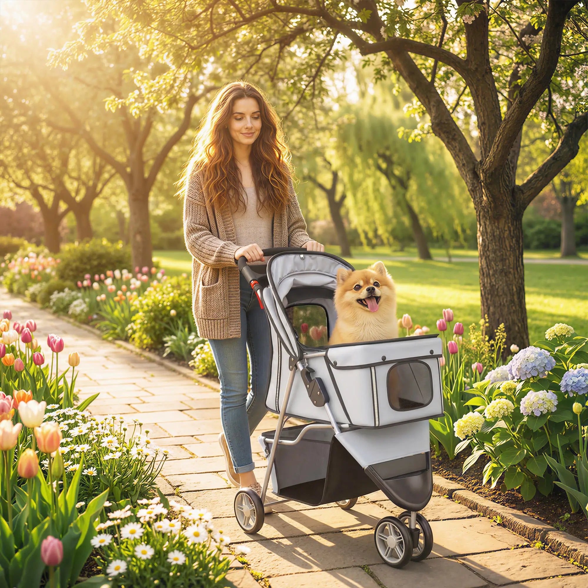 Foldable Dog Stroller, 3 Wheels, Storage Basket, Adjustable Canopy, Grey Dog Bike Trailers & Strollers at Gallery Canada