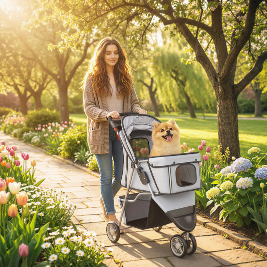 Foldable Dog Stroller, 3 Wheels, Storage Basket, Adjustable Canopy, Grey Dog Bike Trailers & Strollers Grey at Gallery Canada