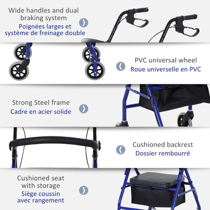 Folding Aluminum Rollator Walker, Adjustable Height, Cushioned Seat, Storage Bag, 2 Barker Wheels, Blue Knee Walker & Wheelchair Ramps at Gallery Canada