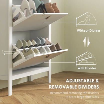Narrow Shoe Cabinet, 2 Flip Drawers, Adjustable Shelves, Holds 10-14 Pairs, White