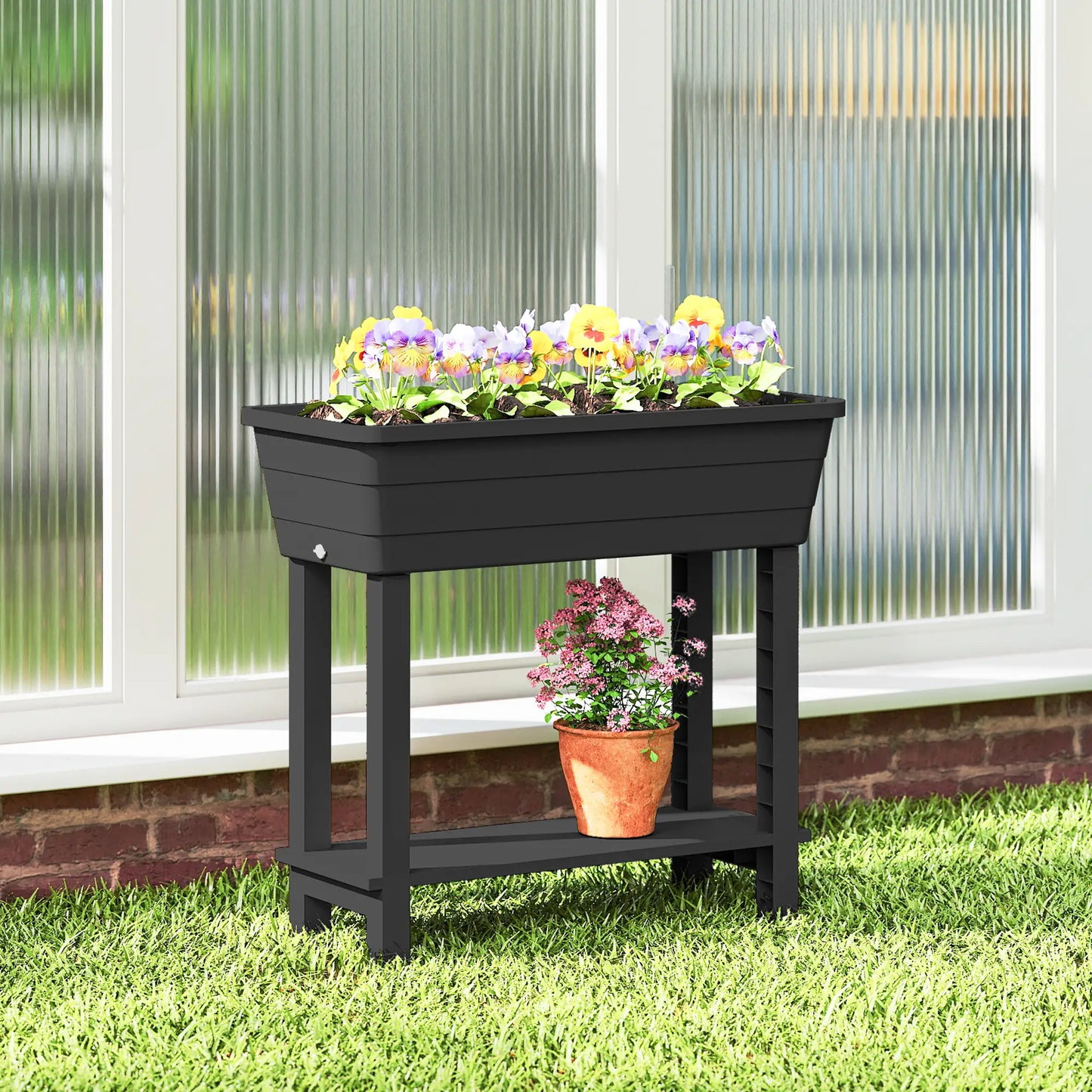 41L Self Watering Raised Garden Bed, Transparent Lid, Storage Shelf, Black