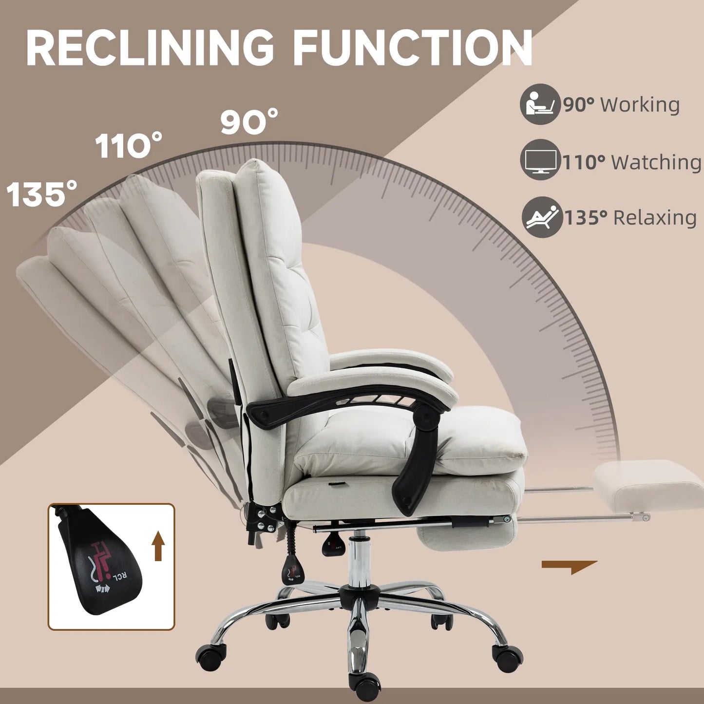Executive Office Chair with Massage and Heat, Reclining Computer Chair with Footrest, Cream White Massage Chairs at Gallery Canada