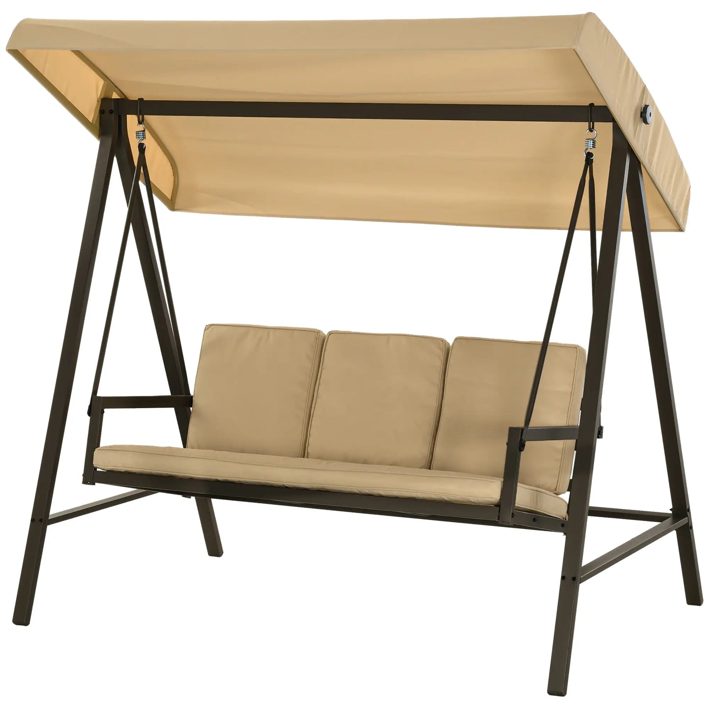 3 Seater Patio Swing Chair, Adjustable Canopy, Removable Cushions, Beige Patio Swings with Stand Beige, Dark Brown at Gallery Canada