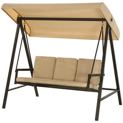 3 Seater Patio Swing Chair, Adjustable Canopy, Removable Cushions, Beige Patio Swings with Stand Beige, Dark Brown at Gallery Canada