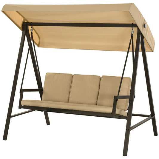 3 Seater Patio Swing Chair, Adjustable Canopy, Removable Cushions, Beige Patio Swings with Stand Beige, Dark Brown at Gallery Canada