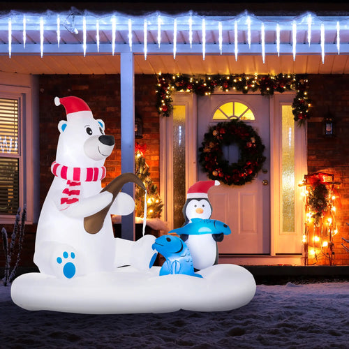 6ft Inflatable Polar Bear, Penguin with Santa Hat, LED Yard Display