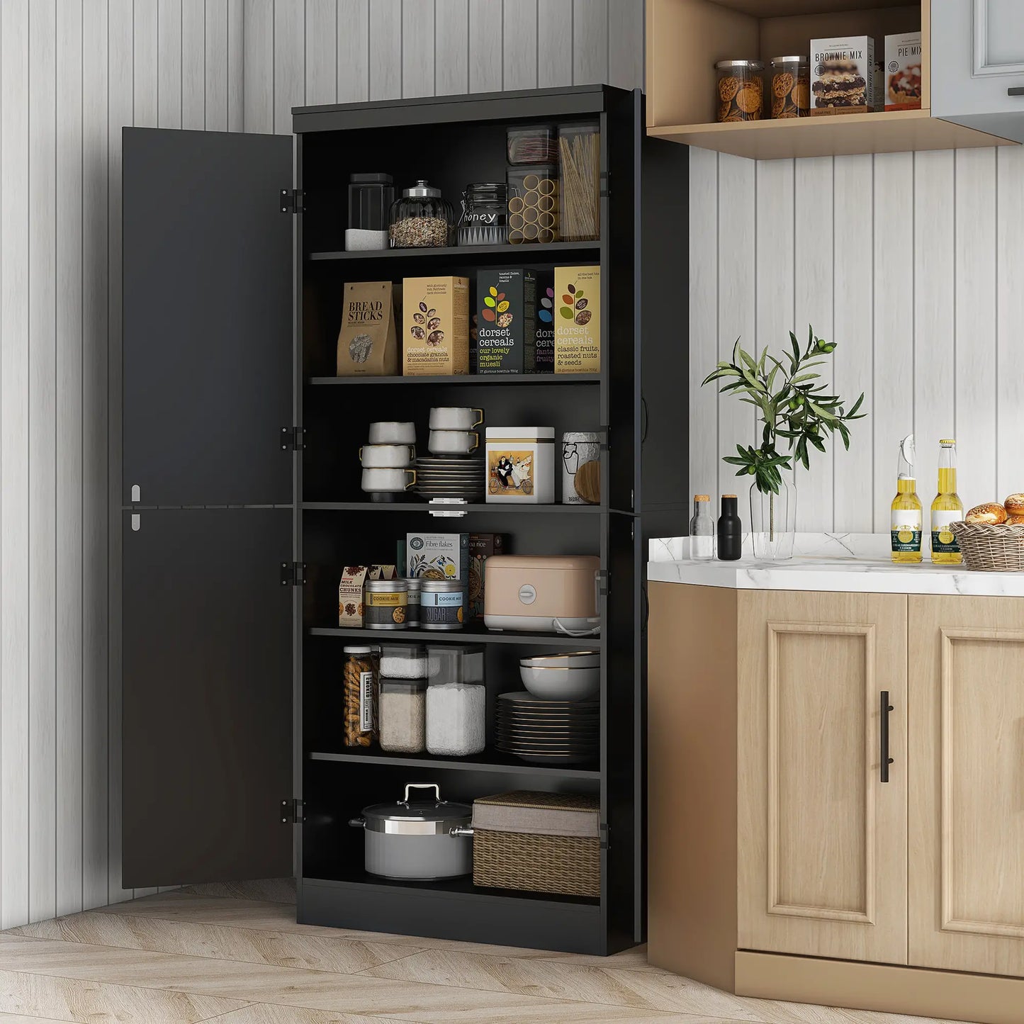 4-Door Storage Cabinet, Adjustable Shelves, 70", Black Kitchen Pantry Cabinets at Gallery Canada