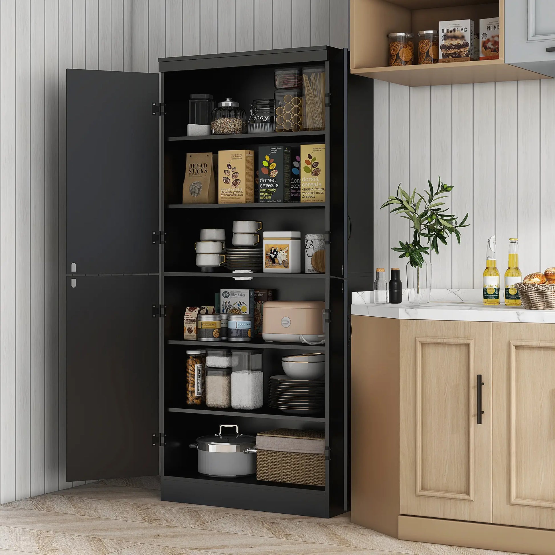 4-Door Storage Cabinet, Adjustable Shelves, 70", Black Kitchen Pantry Cabinets at Gallery Canada