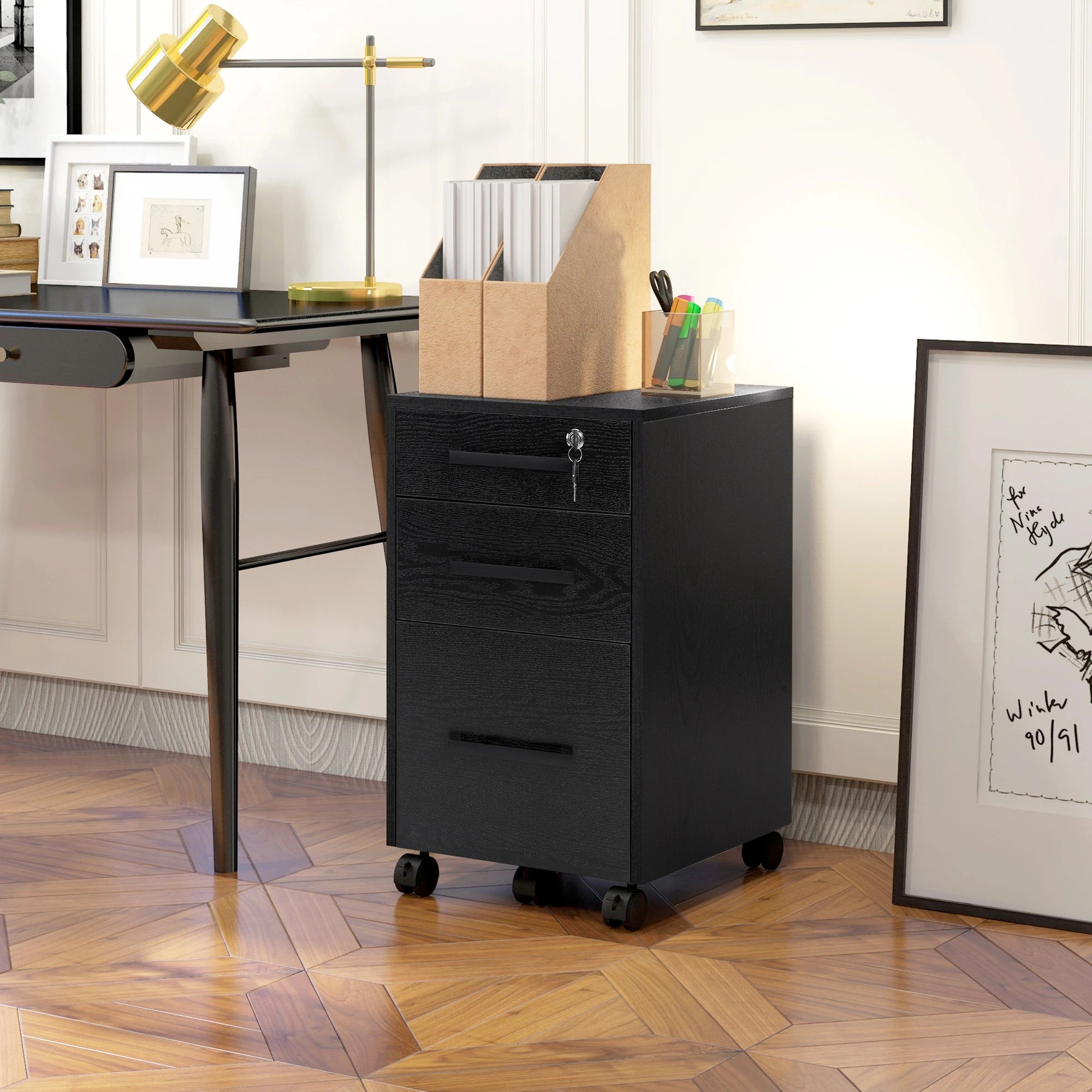 Lockable 3 Drawer Vertical File Cabinet, Hanging Bars, Letter and A4 Size, Black Office Cabinets & Cupboards at Gallery Canada