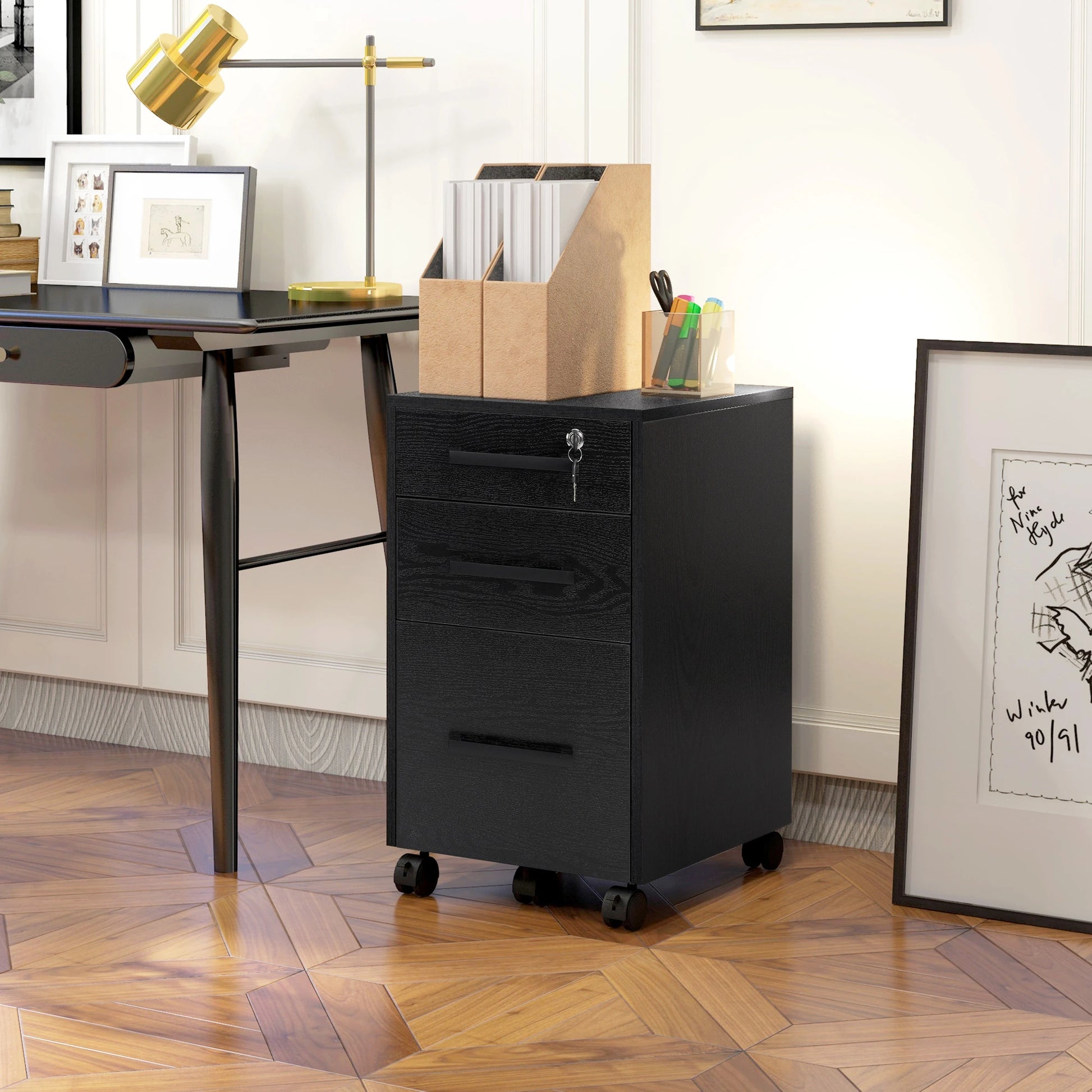 Lockable 3 Drawer Vertical File Cabinet, Hanging Bars, Letter and A4 Size, Black Office Cabinets & Cupboards at Gallery Canada