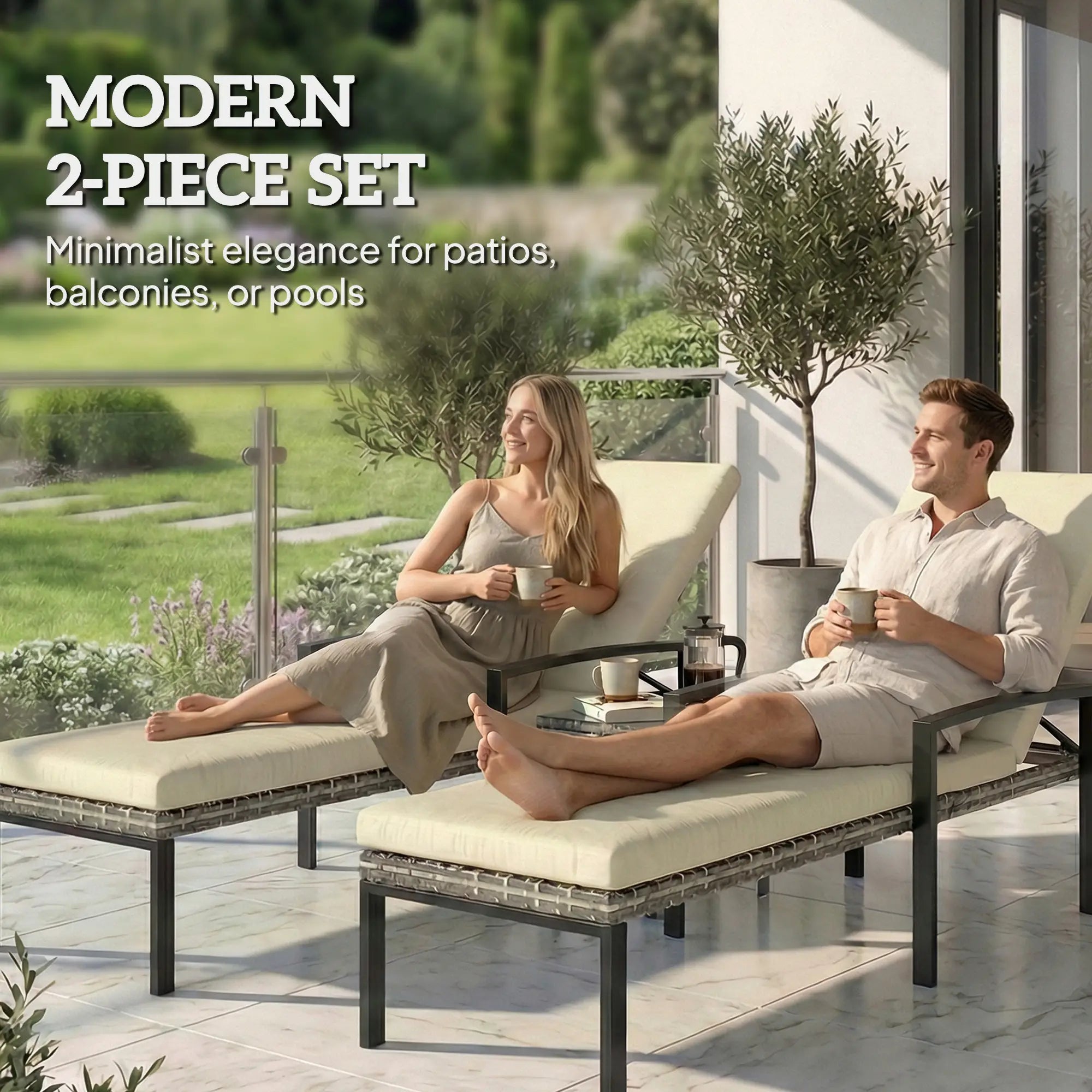 Outdoor Wicker Chaise Lounge Chairs, Set of 2, 5-Level Adjustable Backrest Wicker Chaise Loungers at Gallery Canada