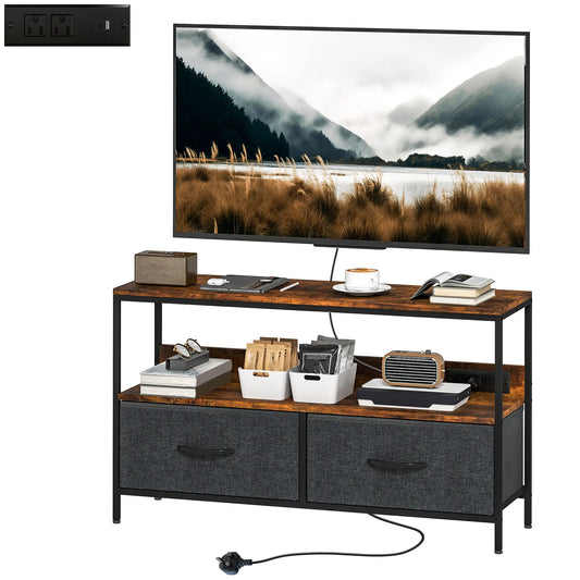 TV Stand With Charging Station, 2 Foldable Linen Drawers, Open Shelf, 47 Inch, Rustic Brown, Brown TV Stands Rustic Brown, Black at Gallery Canada