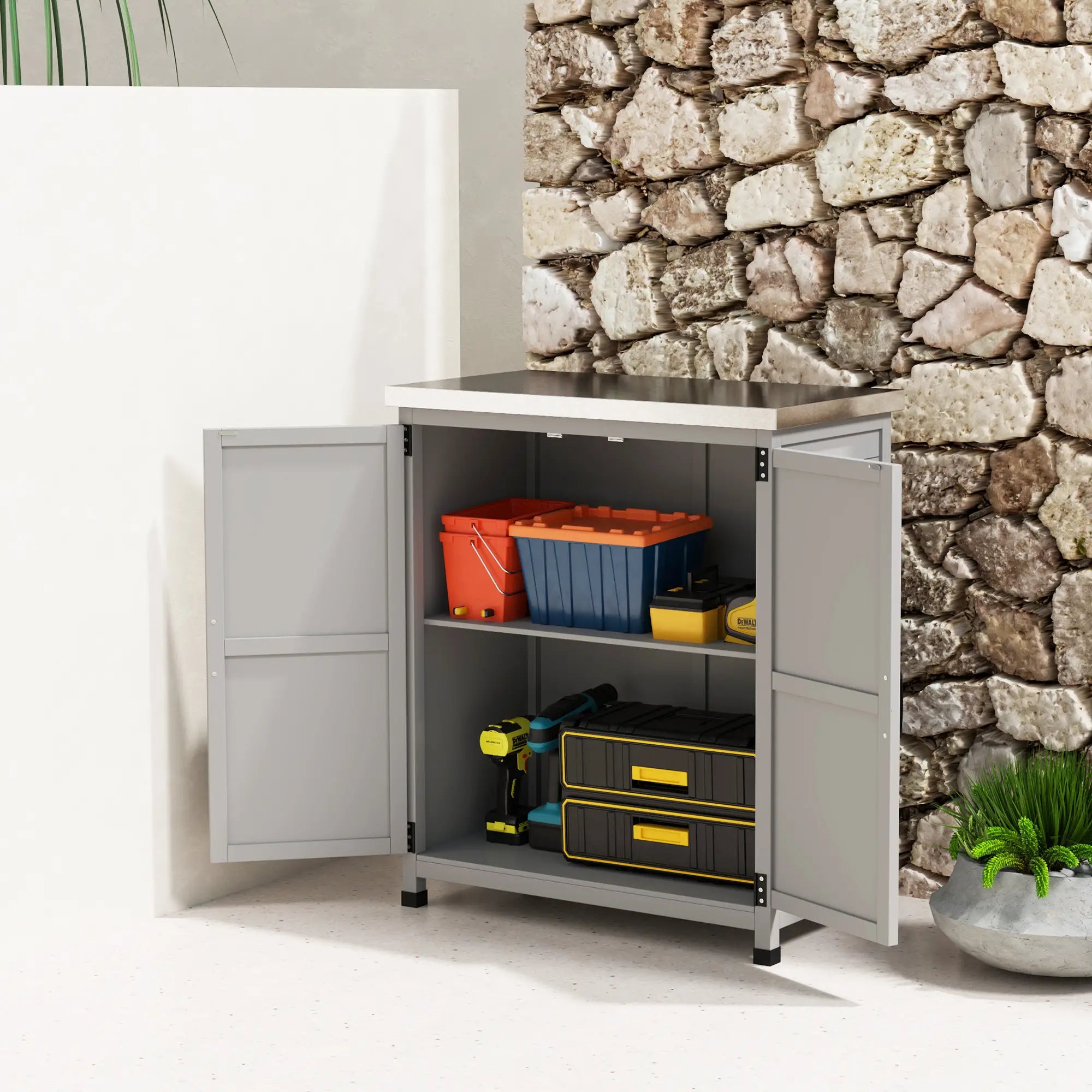 Outdoor Garden Storage Cabinet, Potting Bench with Metal Tabletop, Shelf, Grey Sheds at Gallery Canada