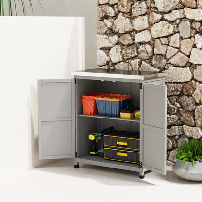 Outdoor Garden Storage Cabinet, Potting Bench with Metal Tabletop, Shelf, Grey Sheds at Gallery Canada