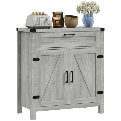 Farmhouse Kitchen Cabinet, Sideboard with 2 Barn Doors, Drawer, Grey