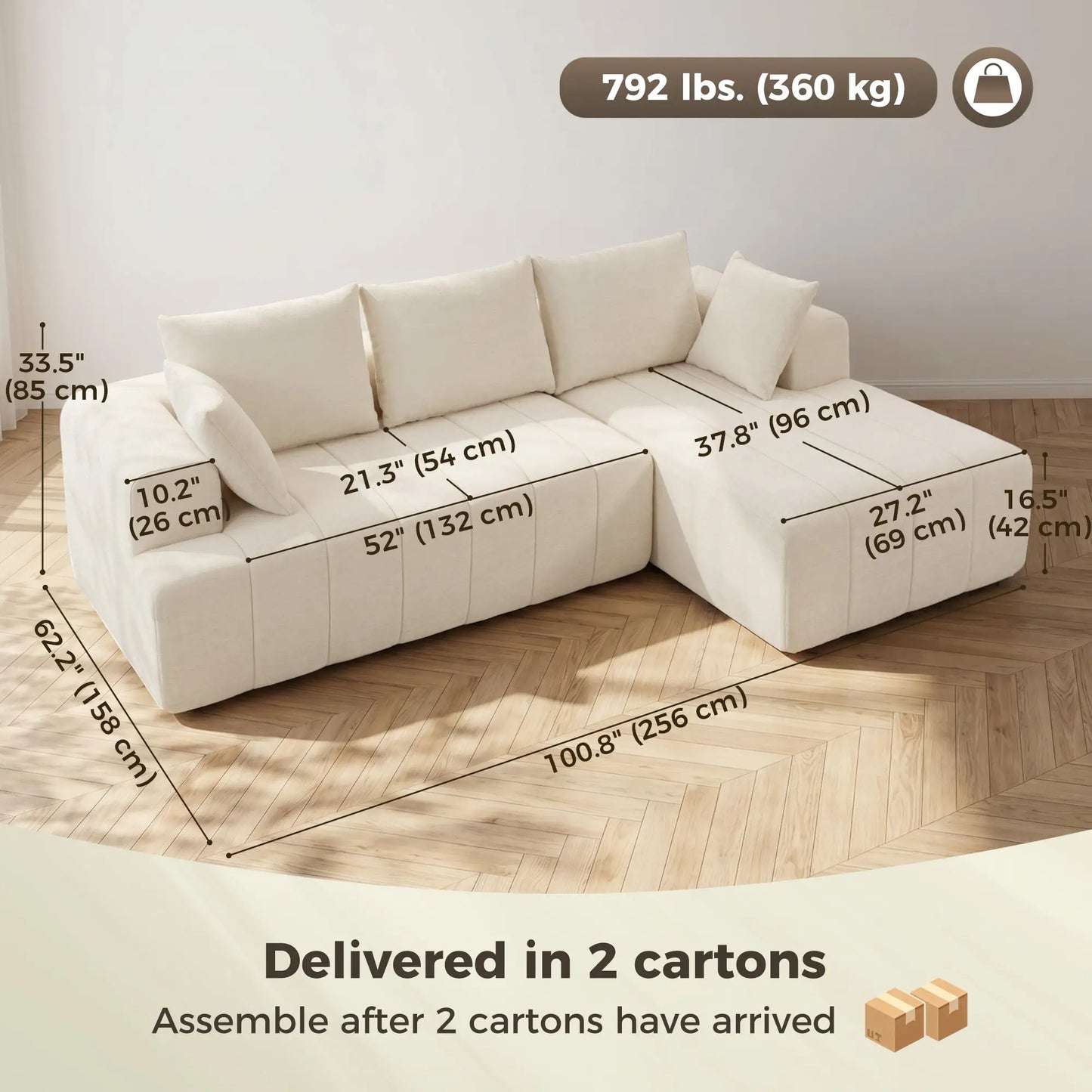"101" Canapé d'angle modulaire, 3 places en forme de L, Beige