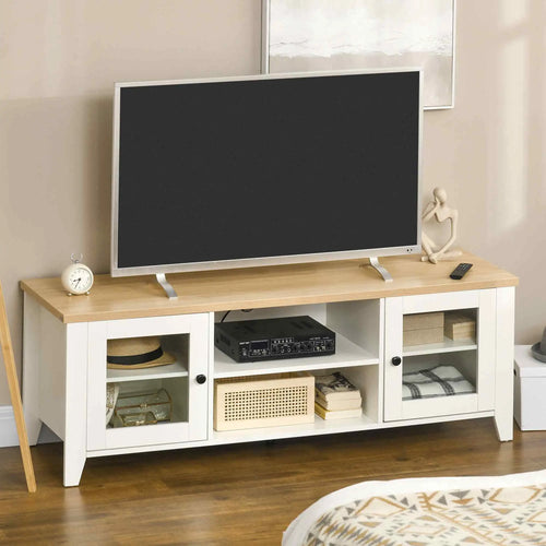 Fireplace TV Stand for 60 Inch TVs, Wood Cabinet with Storage, Oak, White