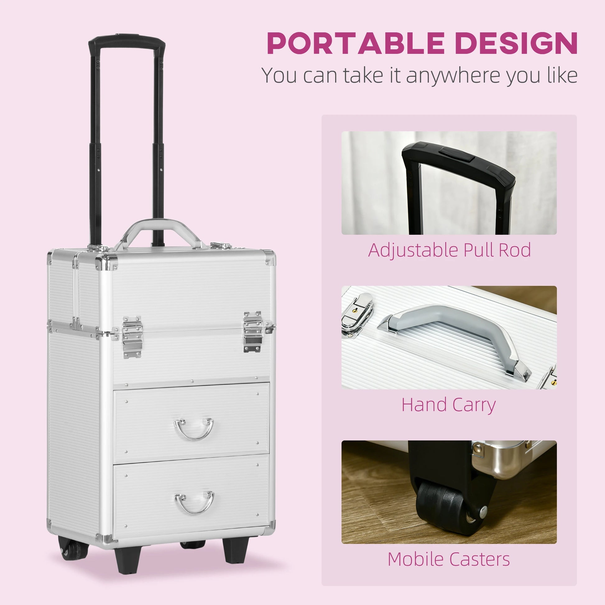 Aluminum Rolling Makeup Train Case, Portable Cosmetic Case, Lockable with Wheels, Silver Makeup Cases at Gallery Canada